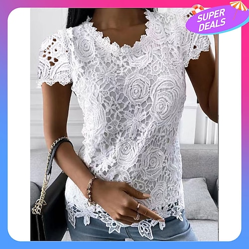 

Chemise Chemisier Femme Noir Blanche Rose Claire Plein Dentelle Manche Courte Casual basique Col Rond Normal Standard S