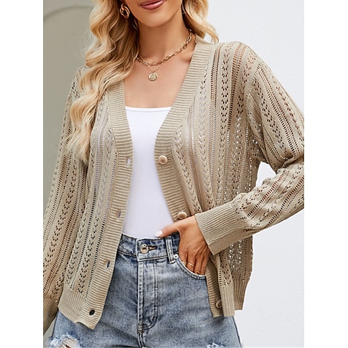 

Women's Cardigan Sweater Jumper Crochet Knit Button Hole Solid Color V Neck Stylish Casual Daily Going out Summer Spring Purple Green S M L