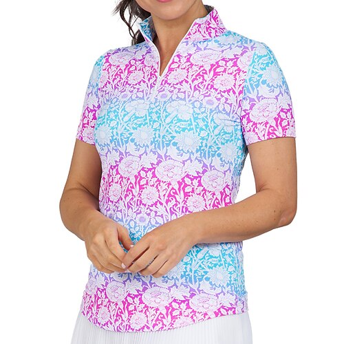 

Mulheres Camisa polo de caminhada Camisa de golfe Respirável Secagem Rápida Pavio Humido Manga Curta Vestuário de golfe Roupas de golfe Normal Zíper Colarinho Alto Floral Verão Tênis Golfe Pickleball