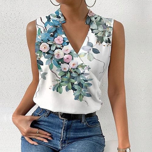 

Women's Tank Top Blue Brown Green Floral Print Sleeveless Casual Holiday Basic V Neck Regular Floral S