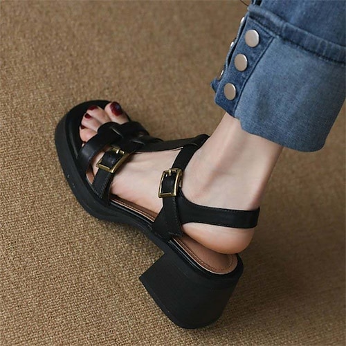 

Femme Sandales Chaussures de confort du quotidien Talon Bottier Bout ouvert Rétro Vintage Minimalisme Faux Cuir Lanière de cheville Couleur unie Noir Marron
