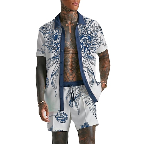 

Hombre Camisa Conjunto de camisa camisa hawaiana Floral Estampados Cuello Vuelto Azul Piscina Exterior Calle Mangas cortas Estampado Ropa Moda Ropa de calle Design Suave