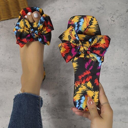 

Women's Sandals Slippers Plus Size Outdoor Slippers Puffy Sandals Outdoor Daily Beach Summer Flat Heel Vacation Elegant Casual Satin Loafer Floral Rainbow