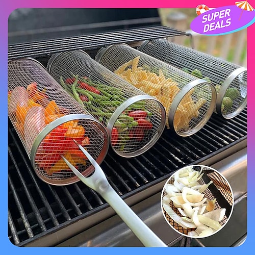 

Rolling Grill Basket - SUS304 Stainless Steel Barbecue Cooking Grill Grate - Outdoor Round BBQ Campfire Grill Grid - Camping Picnic Cookware