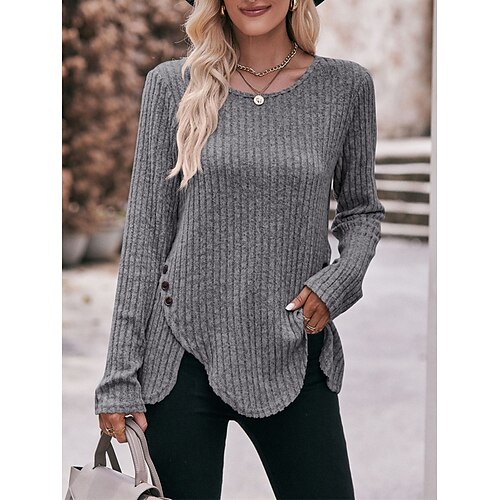 

Mulheres Pulôver suéter Saltador Estriado Tricotar Botão Barra Assimétrica Côr Sólida Gola Redonda à moda Casual Ao ar livre Diário Primavera Outono Preto Vinho S M L