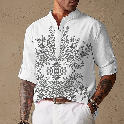 

Hombre Camisa camisa de lino Floral Estampados Escote Chino Blanco Rosa Naranja Verde Trébol Exterior Calle Manga Larga Estampado Ropa Lino Moda Ropa de calle Design Casual