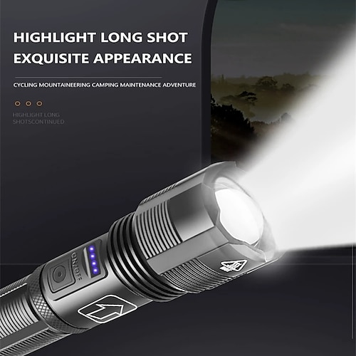 

xhp50 puissante lampe de poche zoomable longue portée puissance par 18650 batterie li-ion affichage de puissance rechargeable usb mini mise au point de la torche chasse tactique réglable lampe de poche led