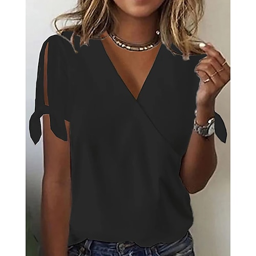 

Chemise Chemisier Femme Noir Plein Découpé Manche Courte Casual basique Col V Normal Standard S