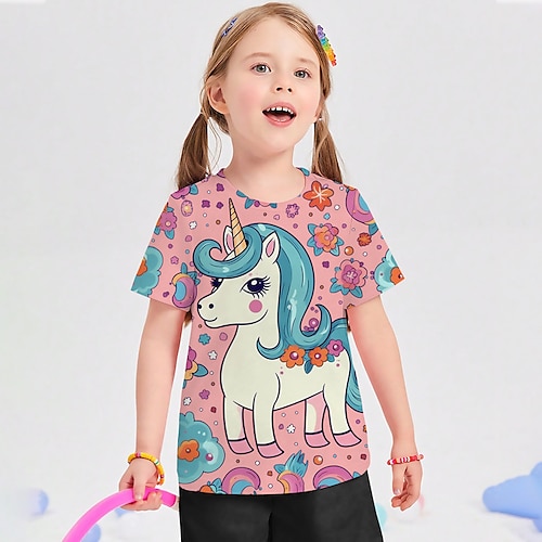 

Mädchen T-Shirt Kurzarm T-Shirt Graphic Karikatur Einhorn 3D-Druck Aktiv Modisch Kuschelig Polyester Outdoor Casual Täglich kinderkleidung Rundhalsausschnitt 3-12 Jahre 3D-gedruckte Grafik Regular Fit
