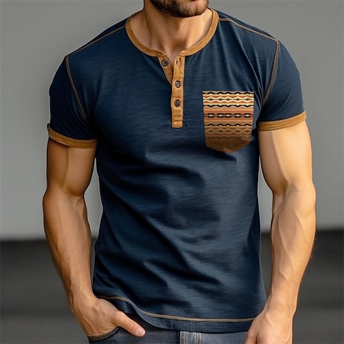 

Men's Henley Shirt Graphic Color Block Tribal Henley Clothing Apparel 3D Print Outdoor Daily Short Sleeve Front Pocket Button-Down Fashion Designer Comfortable