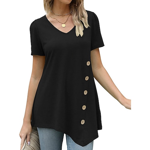 

Women's T shirt Tee Blouse Black White Wine Plain Button Asymmetric Short Sleeve Casual Basic V Neck Long Puff Sleeve S