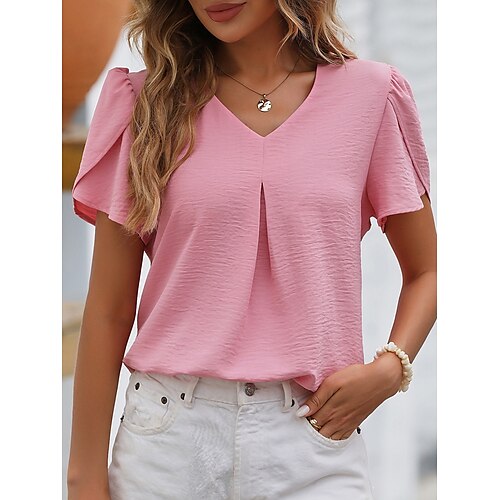 

Mulheres Camisa Social Blusa Preto Branco Rosa Floral Tecido Imprimir Manga Curta Casual Básico Decote V Padrão Tema Flores S