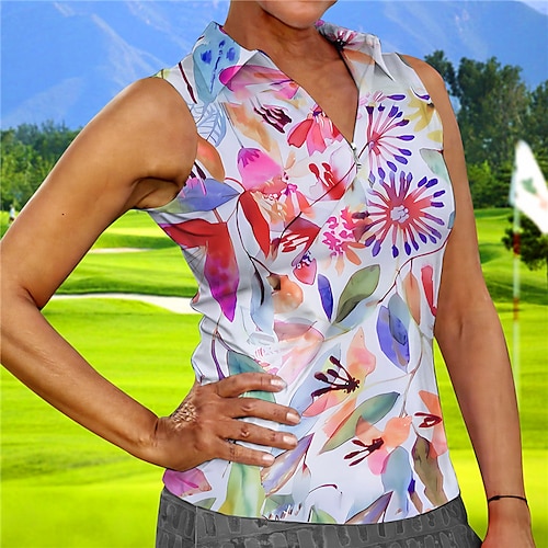 

Femme T-shirt POLO Chemise de golf Respirable Séchage rapide Evacuation de l'humidité Sans Manches Vêtements de golf Top Standard Zippé Floral Eté Tennis Le golf Pickleball