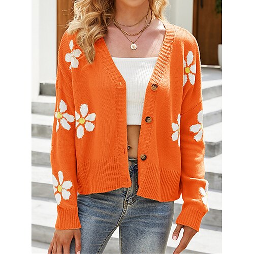 

Damen Strickjacke Strickwaren Gerippt Stricken Taste Blumen V Ausschnitt Stilvoll Brautkleider schlicht Täglich Ausgehen Sommer Frühling Rosa Kamel Purpur S