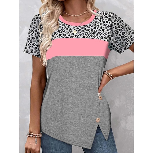 

Mujer Camiseta Rosa Azul Piscina Fucsia Leopardo Bloque de color Botón Estampado Manga Corta Diario Fin de semana Básico Escote Redondo Regular Pintura S