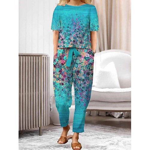 

Ensembles Intérieur Femme Lin 2 Pièces Petites Tailles Confort Col Ras du Cou Manche Courte Pantalon long Eté Printemps Fleur Usine