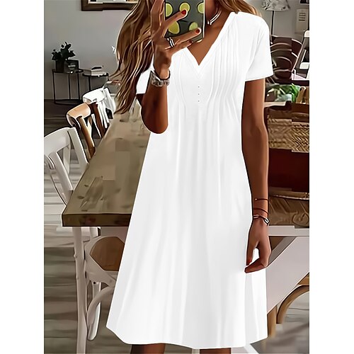 

Women's Casual Dress Summer Dress Plain Dress Mini Dress Ruched Button Outdoor Daily Vacation Active Fashion V Neck Short Sleeve 2023 Regular Fit Black White Wine Color S M L XL XXL Size