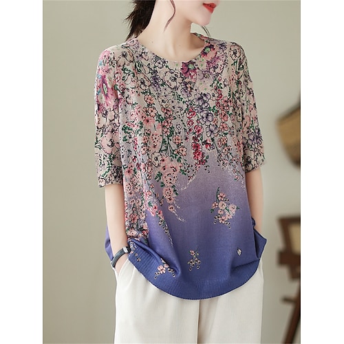 

Mulheres Pulôver suéter Saltador Estriado Tricotar Imprimir Floral Gola Redonda à moda Casual Ao ar livre Diário Verão Primavera Azul XL