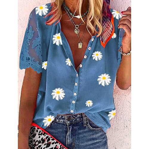 

Chemise Chemisier Femme Bleu Vert Marguerite Bouton Imprimer Manche Courte Casual Vacances basique Col V Normal Standard Fleur S