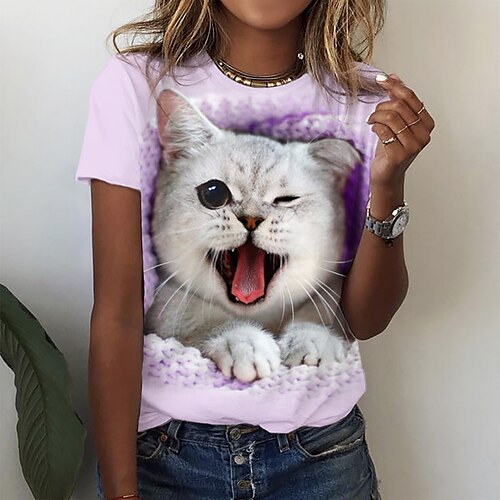 

Mujer Camiseta Rosa Azul Piscina Morado Gato 3D Estampado Manga Corta Diario Fin de semana Básico Escote Redondo Regular Gato 3D Pintura S