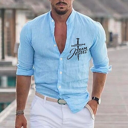 

Hombre Camisa camisa de lino Letra Estampados Cruz Escote Chino Blanco Azul Piscina Verde Trébol Exterior Calle Manga Larga Estampado Ropa Lino Moda Ropa de calle Design Casual