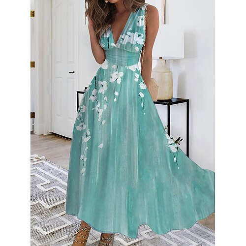 

Mujer Vestimenta casual Vestido de Columpio Vestido de una línea Floral Estampado Escote en Pico vestido largo vestido largo Moda Ropa de calle Exterior Diario Media Manga Ajuste regular Azul Marino