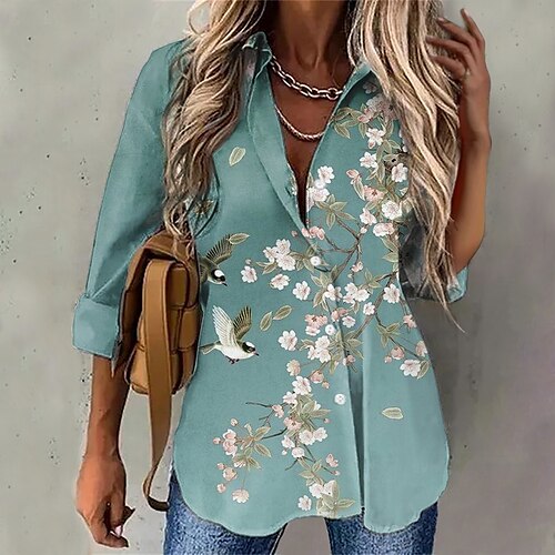 

Chemise Chemisier Femme Bleu Violet Vert Floral Bouton Imprimer manche longue Casual Vacances basique Col de Chemise Normal Standard Fleur S