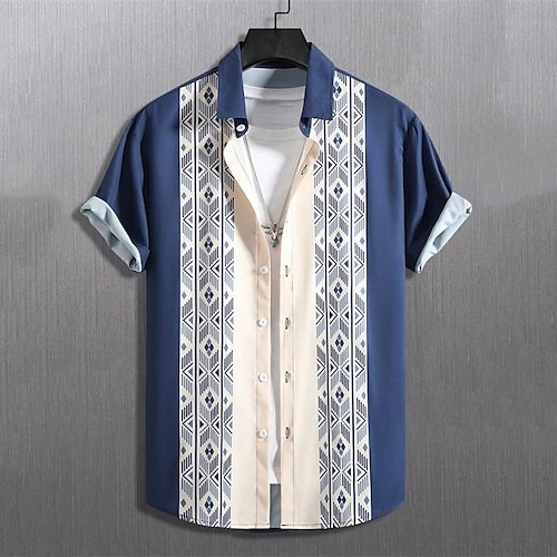 

Homens Camisa Social Estampas Abstratas Geometria colar cubano Branco Azul Roxo Verde Cinzento Ao ar livre Casual Manga Curta Imprimir Roupa Esportes Moda Roupa de rua Designer