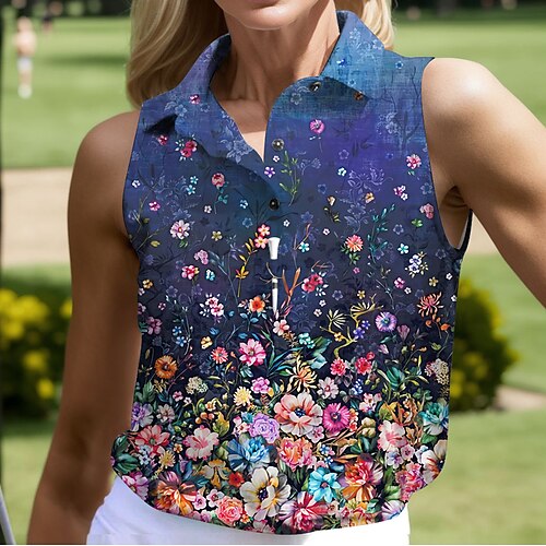 

Damen poloshirt Golfhemd Geknöpftes Poloshirt Atmungsaktiv Schnelltrocknend Feuchtigkeitsableitung Ärmellos Golfbekleidung Golfkleidung Regular Fit Blumen Sommer Tennis Golfspiel Pickleball