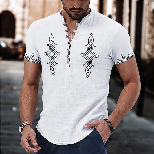 

Homens Camisa Social camisa de linho Estampas Abstratas Geometria Colarinho Chinês Branco Azul Verde Cáqui Cinzento Ao ar livre Rua Manga Curta Imprimir Roupa Linho Moda Roupa de rua Designer Casual