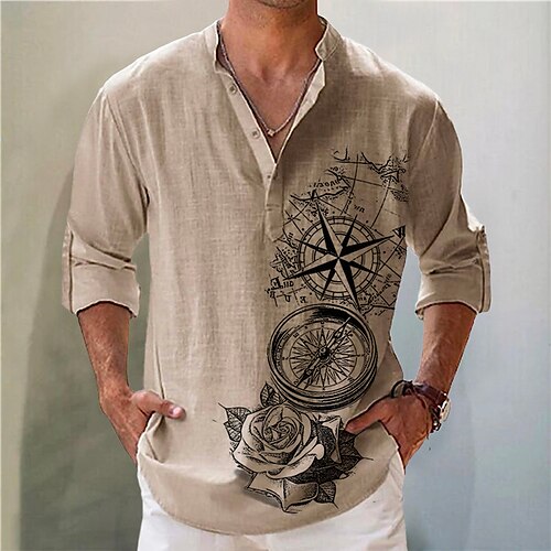 

Homens Camisa Social camisa de linho Estampas Abstratas Vintage Bussola Colarinho Chinês Cáqui Ao ar livre Rua Manga Longa Imprimir Roupa Linho Moda Roupa de rua Designer Casual