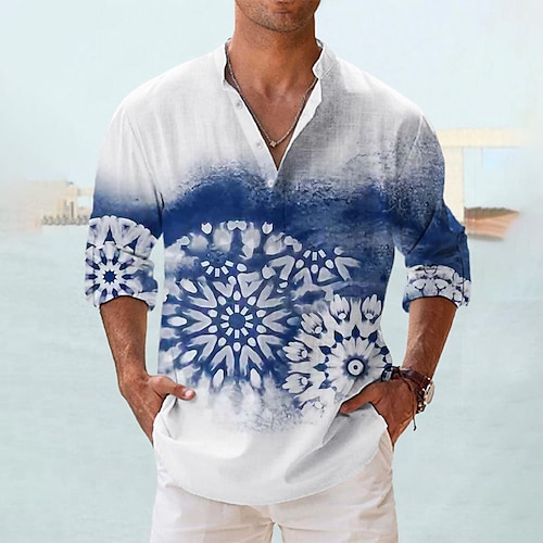 

Homens Camisa Social camisa de linho Floral Tintura Tie Dye Estampas Abstratas Colarinho Chinês Azul Verde Ao ar livre Rua Manga Longa Imprimir Roupa Linho Moda Roupa de rua Designer Casual