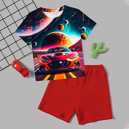 

2 Pieces Kids Boys T-shirt Shorts T-shirtSet Clothing Set Outfit Graphic Galaxy Car Short Sleeve Crewneck Set Outdoor 3D prints Active Sports Fashion Summer Spring 3-13 Years Red Orange