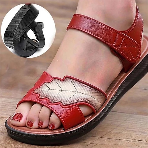 

Damen Sandalen Flache Sandalen Komfort Schuhe Outdoor Täglich Sommer Flacher Absatz Vintage Brautkleider schlicht Minimalismus PU Klettverschluß Feste Farbe Schwarz Rote