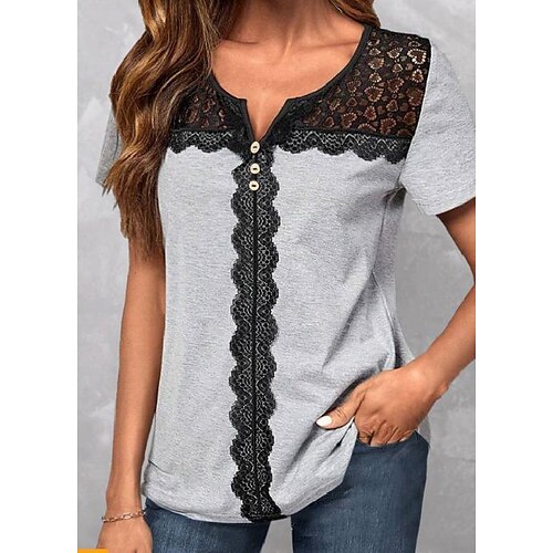 

Mujer Camiseta Blusa Gris Ligero Bloque de color Encaje Botón Manga Corta Casual Básico Escote en Pico Regular S