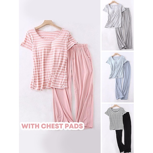 

Women's 2 Piece Pajama Sets Long Sleeve Stripe Shirt and Pants Crew Neck with Chest Pad Spring Autumn Pink Blue