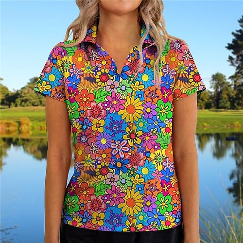 

Mulheres Camisa polo de caminhada Camisa de golfe Respirável Secagem Rápida Pavio Humido Manga Curta Vestuário de golfe Roupas de golfe Normal Em V Floral Verão Tênis Golfe Pickleball