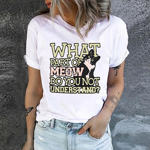 

Mulheres Camiseta Preto Branco Amarelo Gato Letra Imprimir Manga Curta Diário Final de semana Básico Decote Redondo Padrão Gato Pintura S