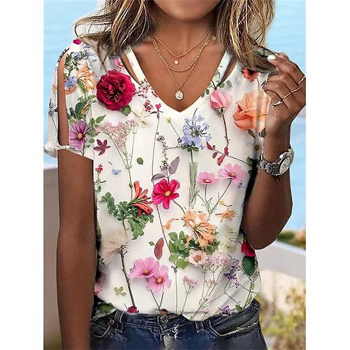 

Mujer Camiseta Amarillo Rosa Rojo Floral Cortado Estampado Manga Corta Festivos Fin de semana Básico Escote en Pico Regular Flor Pintura S