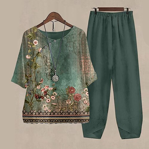 

Women's Shirt Pants Sets Pants Trousers Basic Green Holiday Weekend Floral Print Round Neck S M L XL 2XL