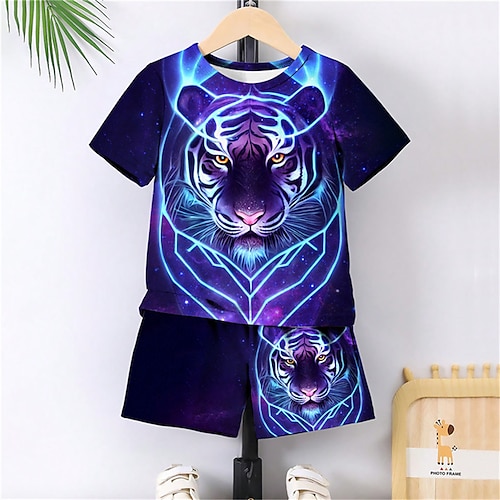 

2 Pièces T-shirt Short Ensemble tee-shirt Ensemble de Vêtements Tenues Enfants Garçon Graphic Animal tigre Manche Courte Col ras du cou Set Extérieur 3D effet Actif Sportif Mode Eté Printemps 3-13