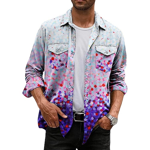 

Homens Camisa Social Estampas Abstratas Geometria Aberto para a Lateral Roxo Cinzento Ao ar livre Rua Manga Longa Imprimir Roupa Moda Roupa de rua Designer Respirável