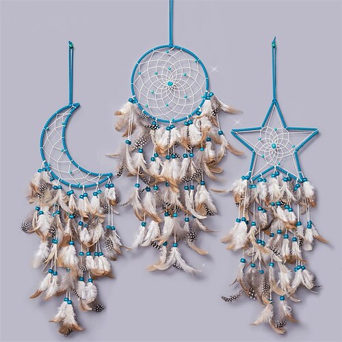 

1pc estilo indio luna atrapasueños regalo hecho a mano gancho de pluma patrón de luna patrón de estrella carillón de viento con un círculo adorno colgante de pared decoración arte estilo boho sin luz