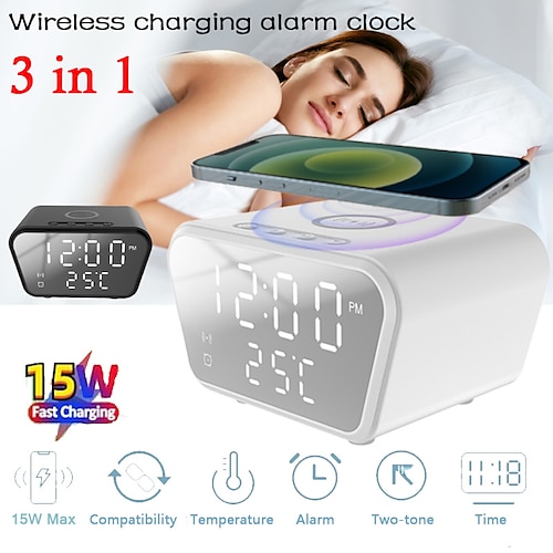 

15W Triple Phone Wireless Charging Alarm Clock Digital Temperature Desktop Fast Is Suitable for IPhone 14 13 12 11 Charging