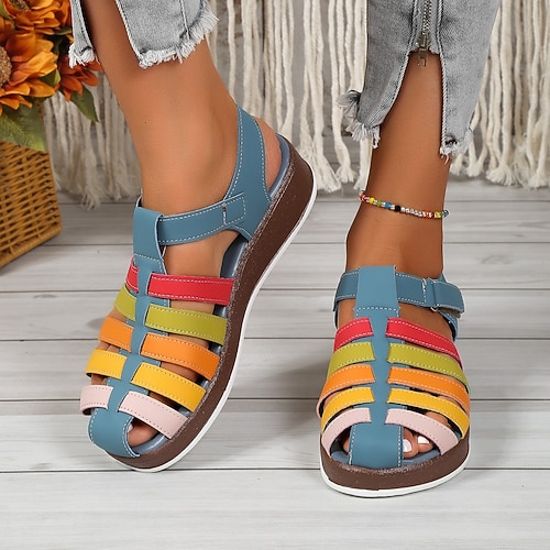

Mulheres Sandálias Sandálias Anabela Sandálias com Plataforma Diário Praia Caminhada Verão Sem Salto Ponta Redonda Moda Vintage Casual Couro Ecológico Velcro Bloco de cor Castanho Escuro Azul