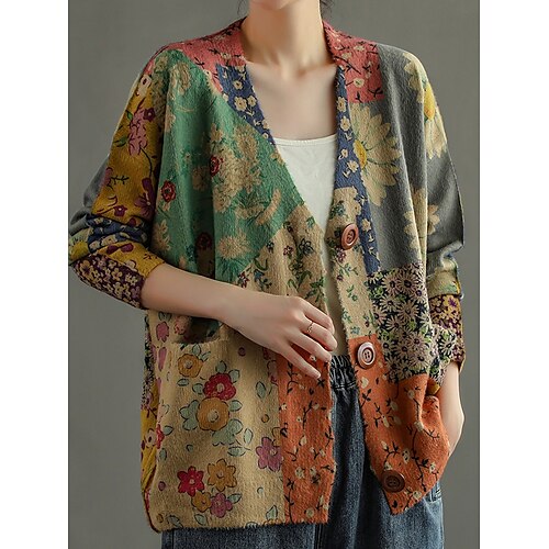 

Mulheres Sueter Cardigan Saltador Estriado Tricotar Botão Bolsos Floral Decote V Estilo Étnico Estilo vintage Diário Para Noite Verão Primavera Vermelho Verde Tamanho Único