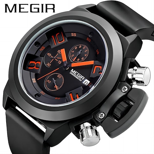 

MEGIR Men Quartz Watch Luxury Large Dial Fashion Business Luminous Three Time Zones Calendar Waterproof Silicone Watch