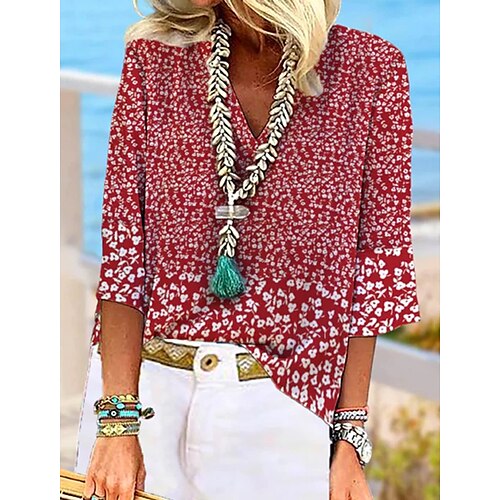 

Mulheres Camisa Social Blusa Vermelho Floral Imprimir Manga 3/4 Casual Feriado Básico Decote V Padrão Tema Flores S