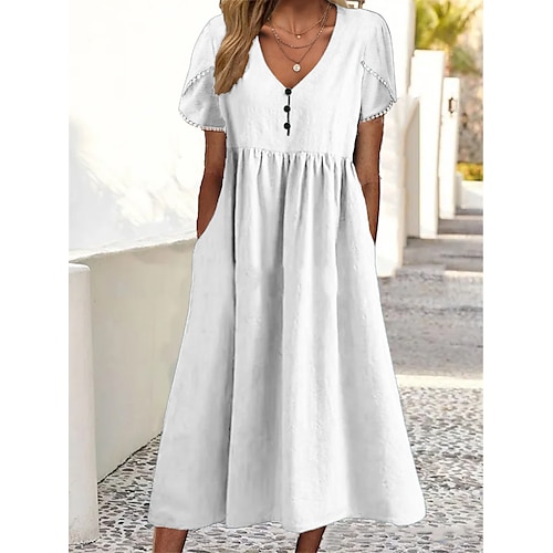 

Robe casual Robe en coton et lin Femme Robe longue maxi Mélange de Lin Coton Décontractées du quotidien Vacances Col V Bouton Poche Manche Courte Eté Printemps 2023 Ample Noir Blanche Rose Claire