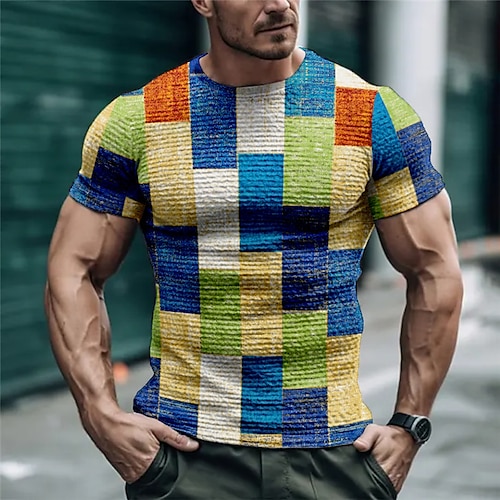 

Men's T shirt Tee Waffle T Shirt Graphic Plaid Color Block Crew Neck Clothing Apparel 3D Print Outdoor Street Short Sleeve Fashion Designer Casual